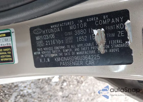 2006 Hyundai Elantra Gls/Gt/Limited из США, поврежденный, VIN KMHDN46D96U364225